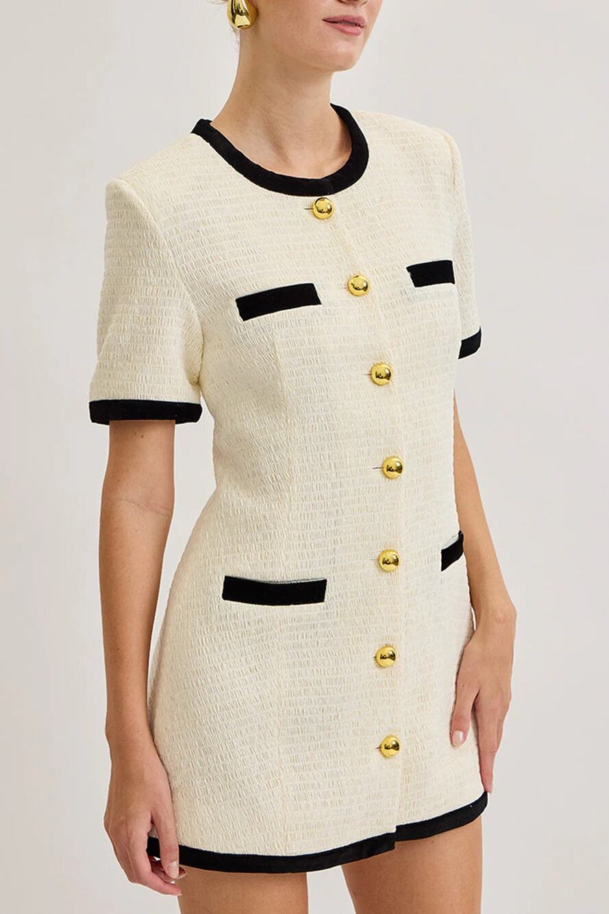NWT Maude Club Textured Button-Down Mini Dress with Velvet Trim Cream Black S